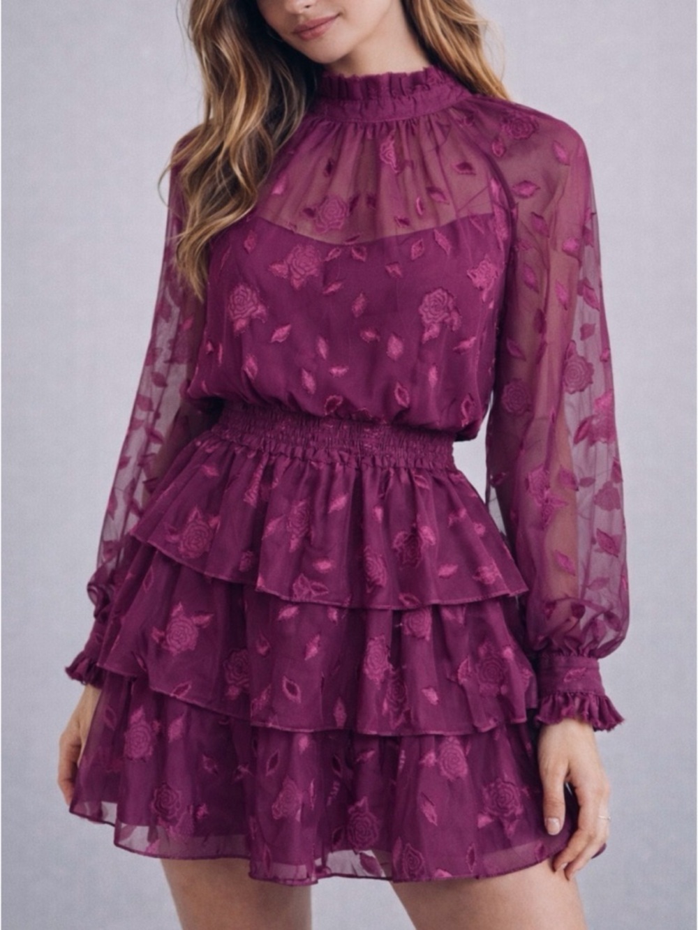 FATE • Plum/Burgundy Floral Tiered Ruffle Long Sleeve Mock-neck Mini Dress, S